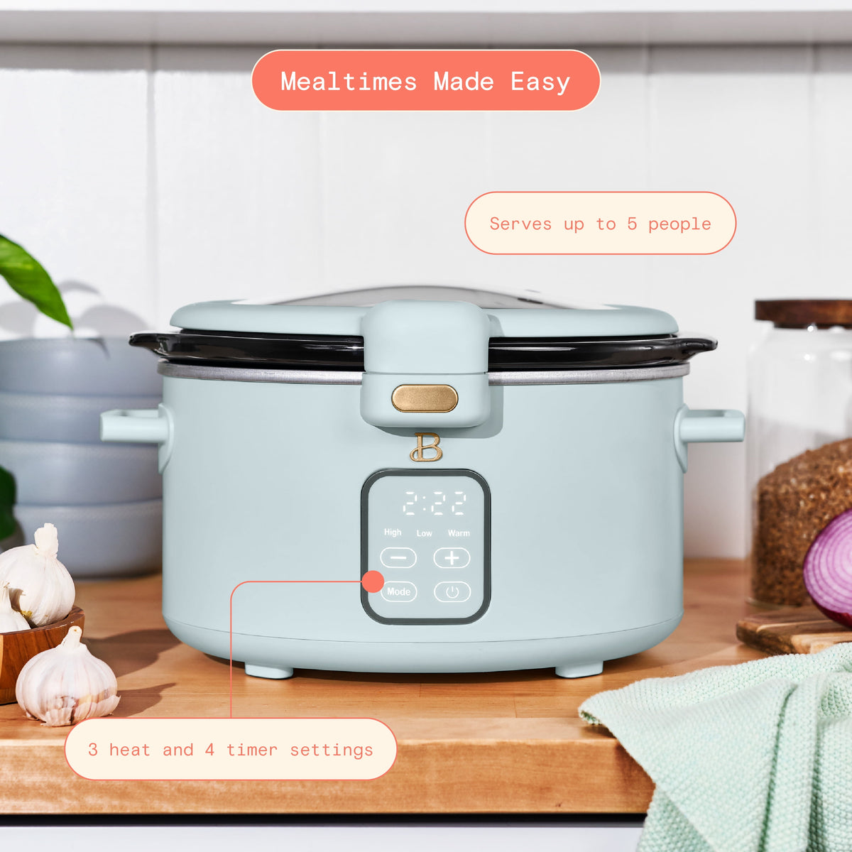 Beautiful 4 Qt Digital Slow Cooker with Hinged Locking Lid, Thyme Green by Drew Barrymore