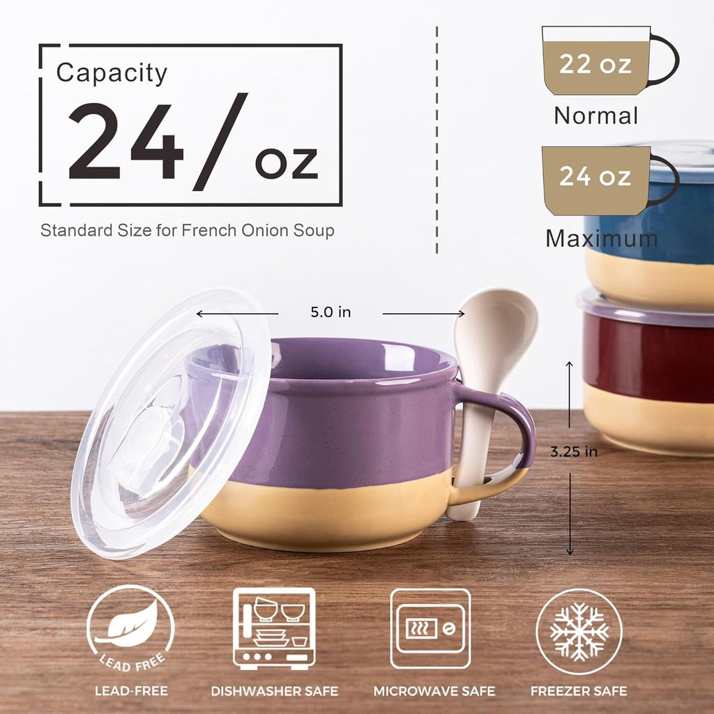AmorArc Ceramic Soup Mugs with Handles and Lids,24 OZ Soup Cups Set of 2 with Terracotta Underside,Mug Bowls with Spoon for Soup/Cereal/Salad/Noodles/Ramen/Microware &Dishwasher Safe-White &Peach