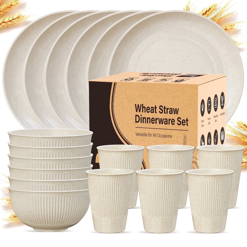 TINANA Wheat Straw Dinnerware Sets, Service for 6, 18 PCS Unbreakable Plastic Dinnerware, Freezer Dishwasher Safe - Beige