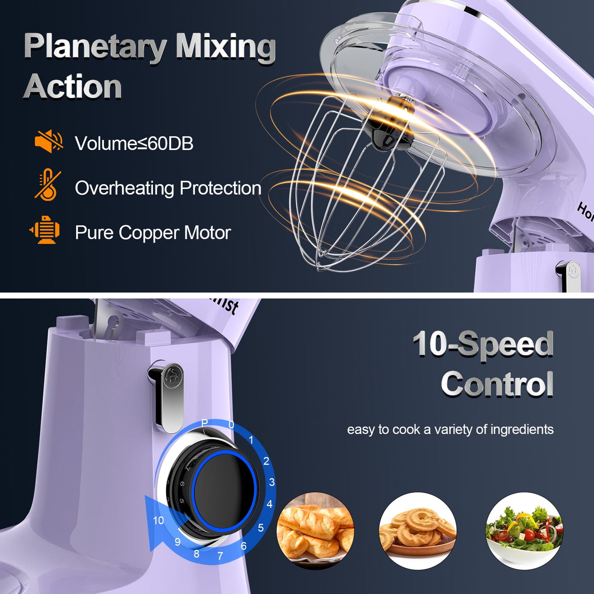 Honinst 6.5 QT Electric Stand Mixer, 10+P Speeds Lightweight with Tilt-Head Kitchen Stand Mixer, Dough Hook, Whisk, Beater and Bowl, Food Mixer for Baking, Cake and Most Home Cooks