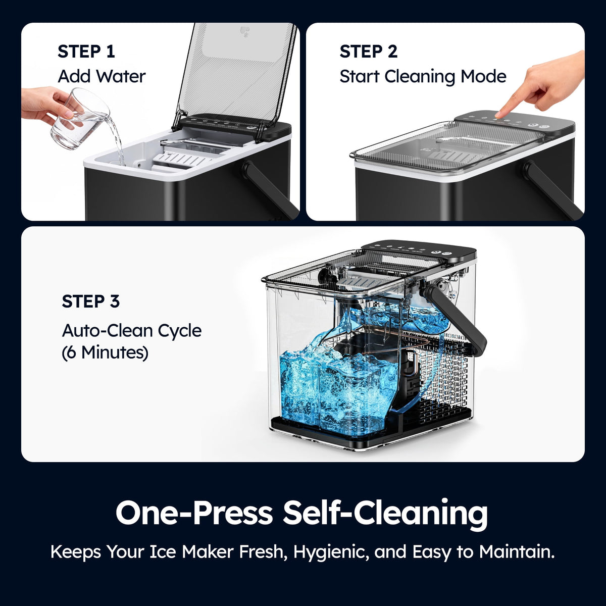 SIMZLIFE Portable Countertop Ice Maker, 26 Lbs/Day, 9 Bullet Ice Cubes in 6 Minutes, 2 Ice Sizes, Self-Cleaning Ice Machine, Black