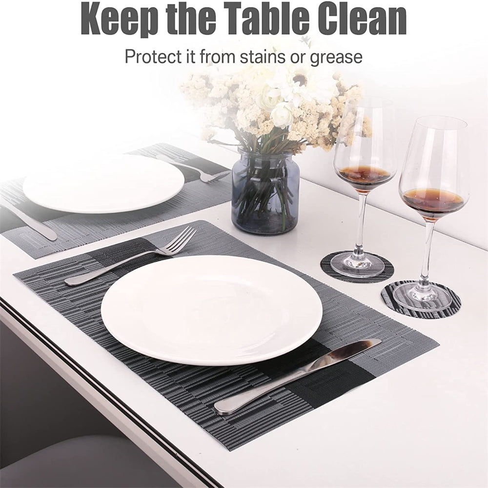 6pcs Placemats PVC Place Mats and Coasters Washable Non-Slip Heat Resistant Table Mats for Kitchen Dining Table Home Restaurant 12"×18", Sliver