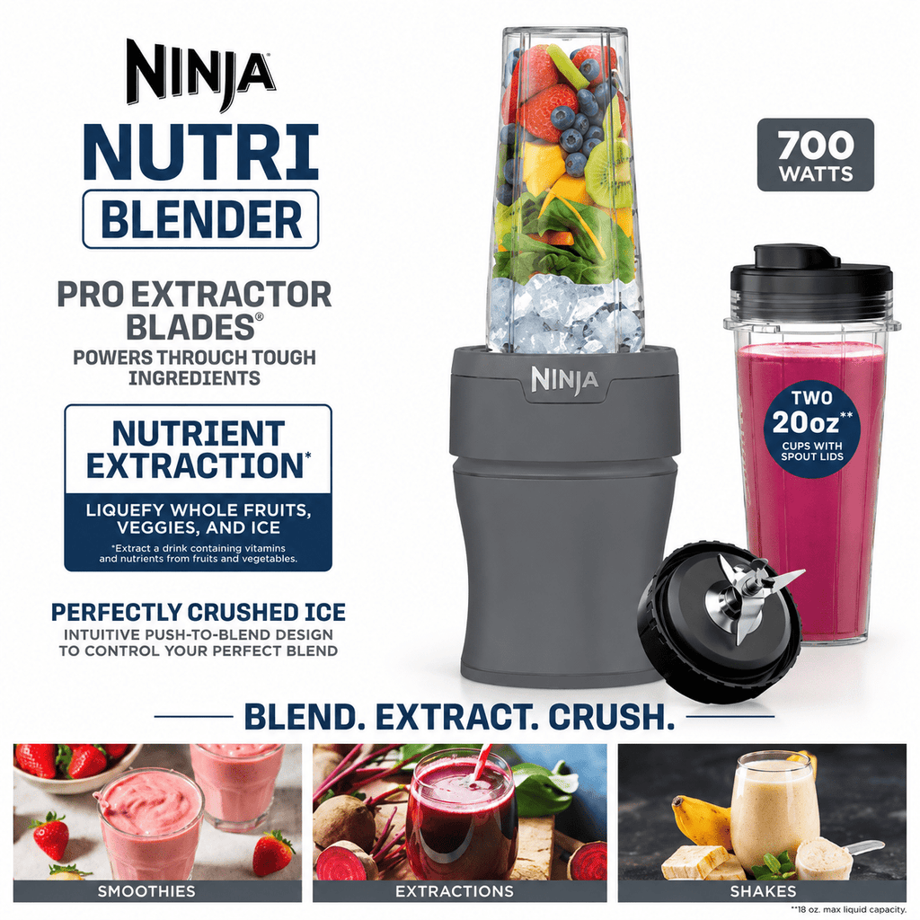 Ninja Nutri-Blender 20-Oz Personal Blender, (2) 20-Oz Dishwasher-Safe To-Go Cups, Smoothie, BN300GY Gray