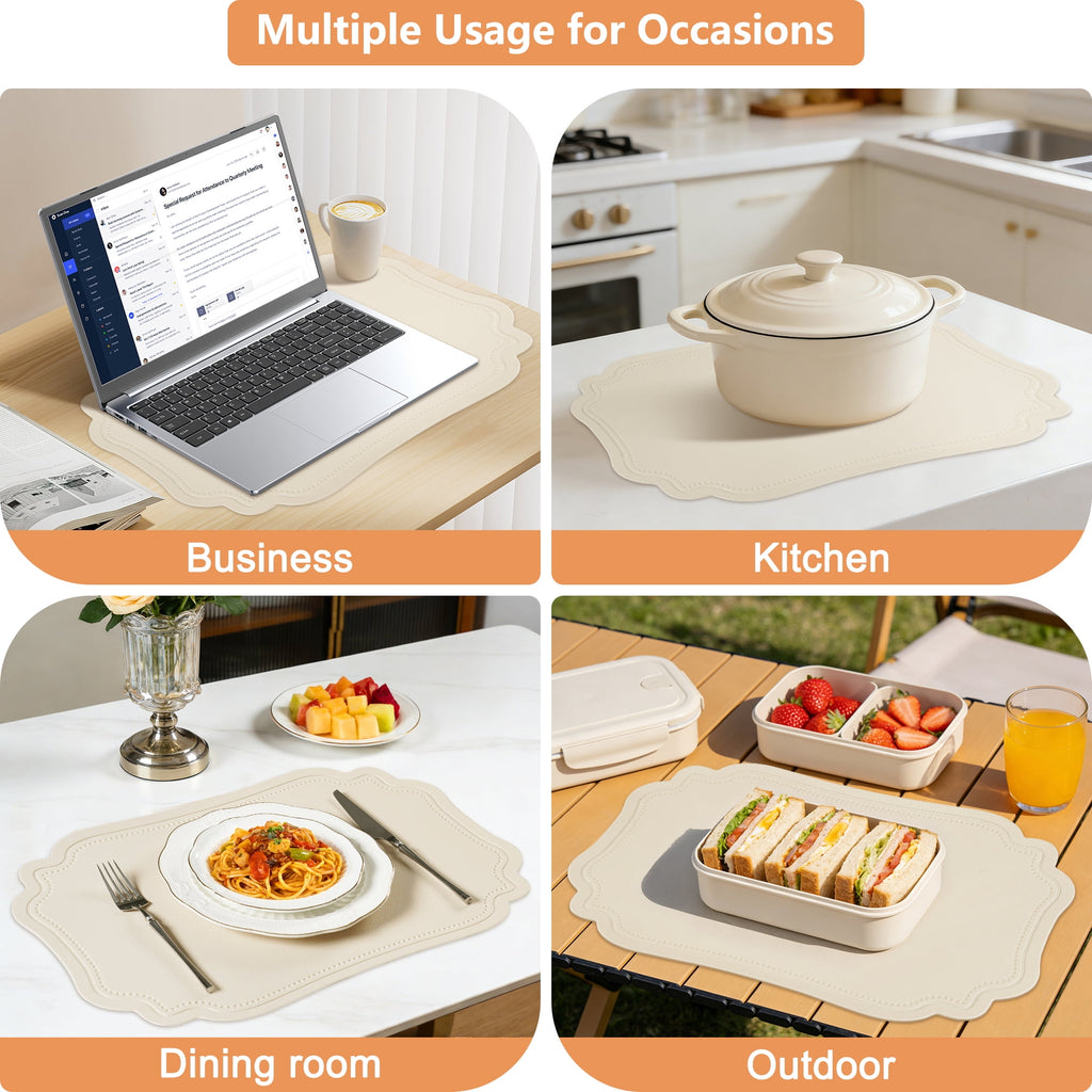 VCVCOO Placemats Set of 4 Beige Leather Place Mats Waterproof Wipeable Heat Resistant Sturdy Rectangle Kitchen Dining Table Mats for Indoor Outdoor Reversible Easy to Clean Place Mats