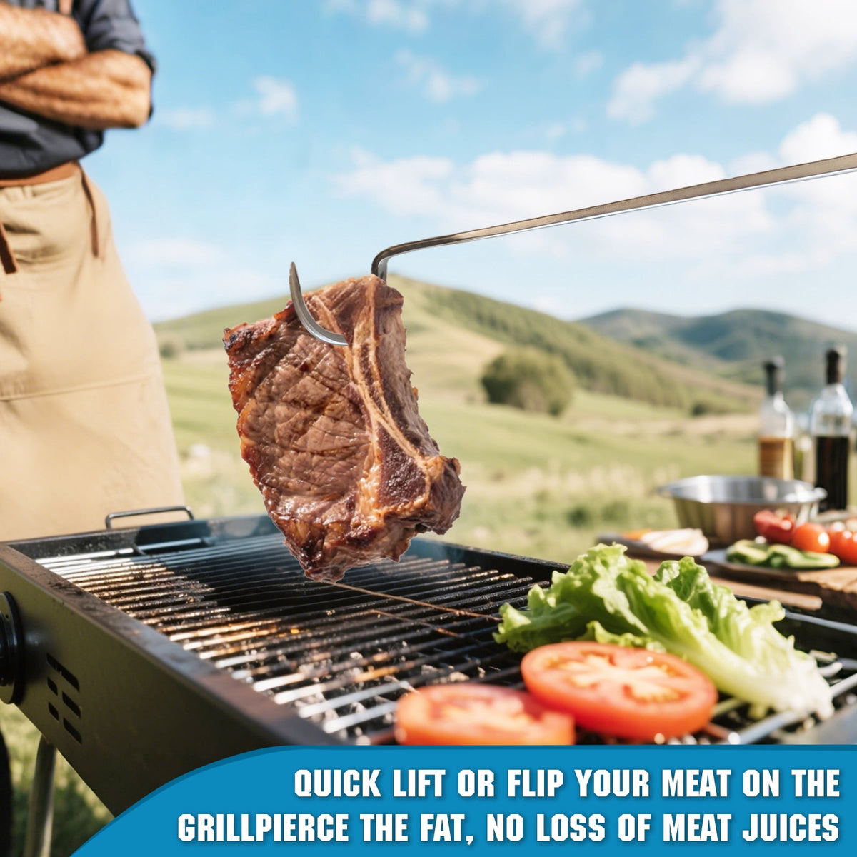 Meat Flipper, Grill Hooks for Turning, Heavy Duty Stainless Steel BBQ Turner Hooks with Long Handle for Flipping Ribs, Pork Shoulder, Roast on Smoker Grilling (Right Hand A)