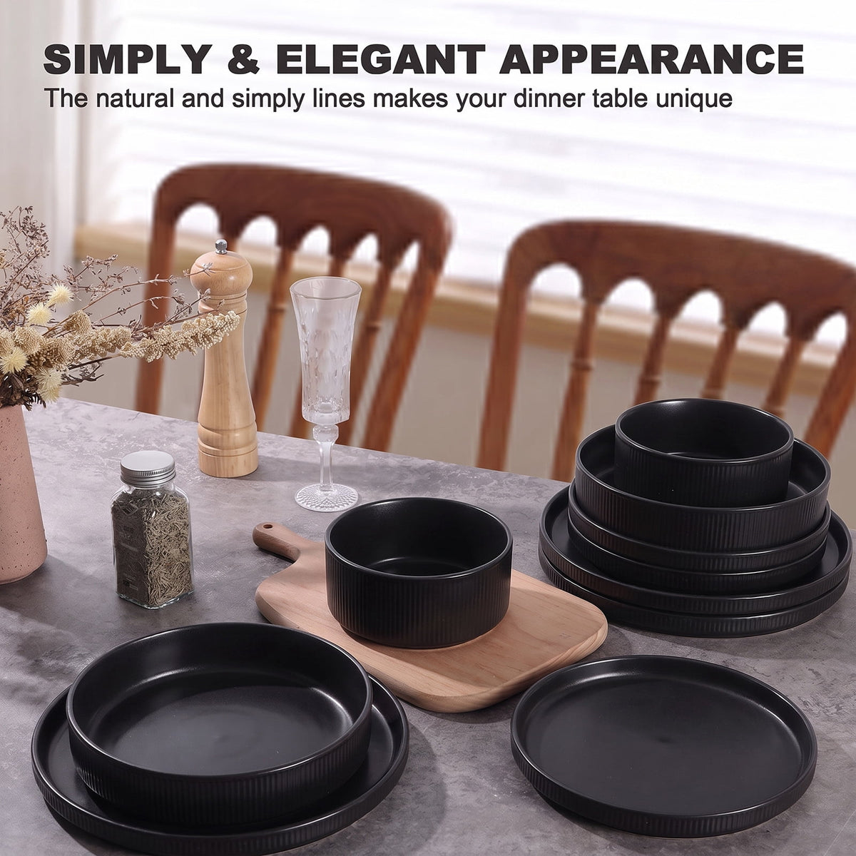 Vesteel 12 Pieces Dinnerware Set for 4, Premium Stoneware Ribbed Dishes, Chip & Scratch Resistant Plates and Bowls Set for Home Restaurant, Microwave and Dishwasher Safe - Speckled White