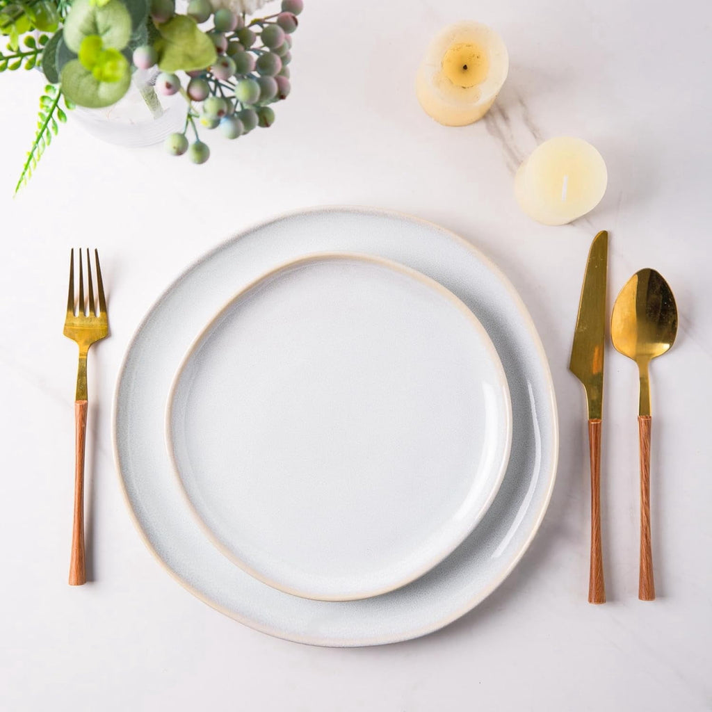 AmorArc Ceramic Plates Set of 6, 8.5 Inch Handmade Reactive Glaze Stoneware Plates set for Dessert, Salad, Appetizer, Dinner, Microwave & Dishwasher Safe, Scratch Resistant-Pearl White