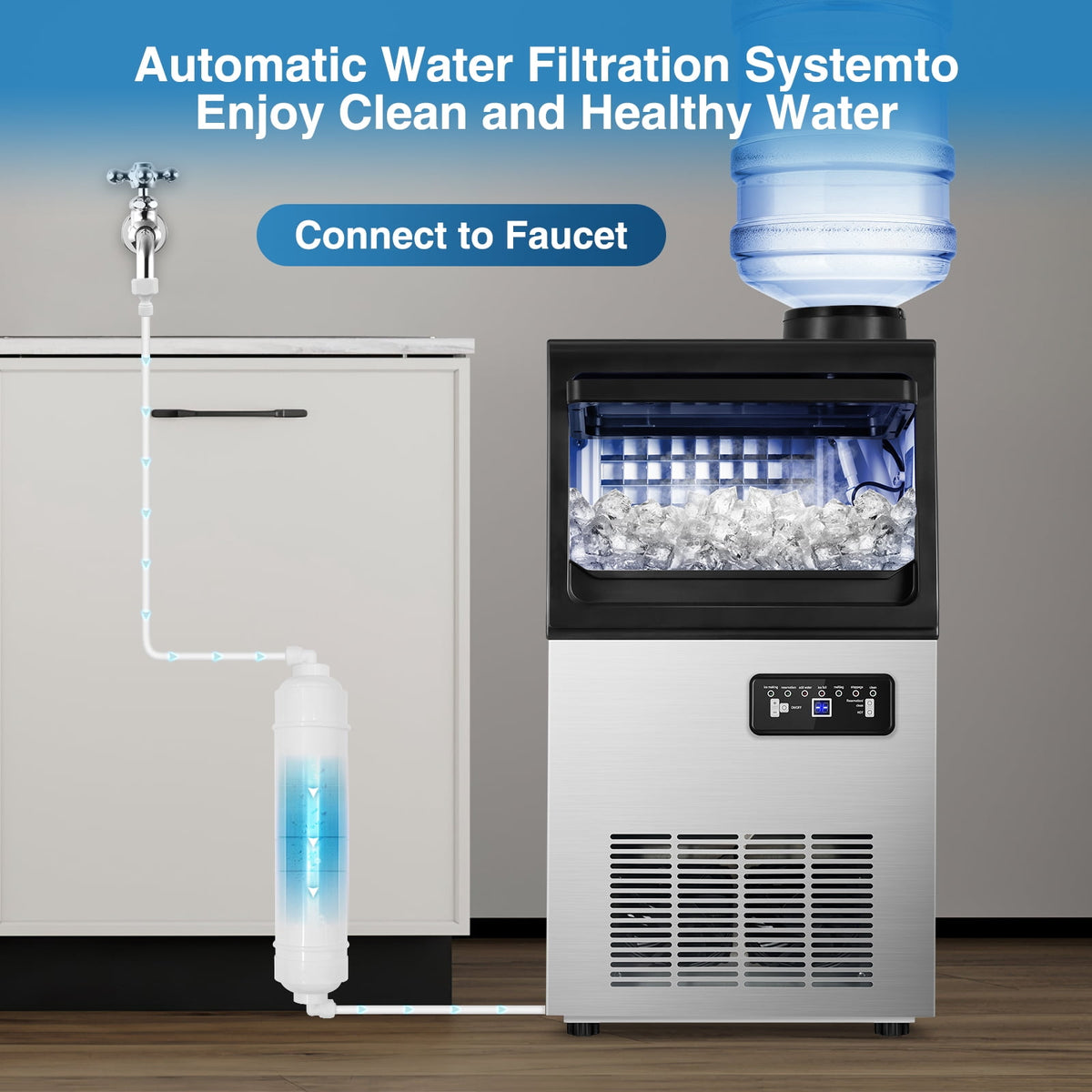 TITTLA Commercial Ice Maker 88Lbs/24H,Freestanding Built-in Ice Machine with 23 lbs Storage,5x9 Cubed Ice,Stainless Steel