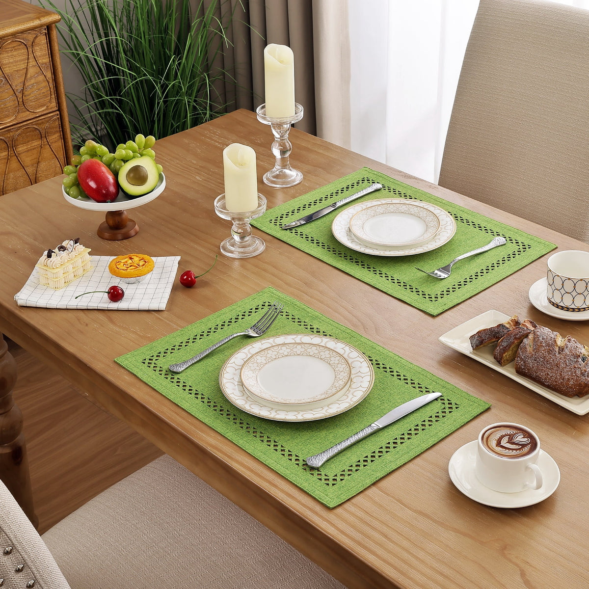 Placemats Set of 4, Yamaziot Double Layer Cloth Fabric Heat Resistant Place Mat, Washable Reversible Rectangle Dining Table Mats, Hollow Khaki, 12"x18"