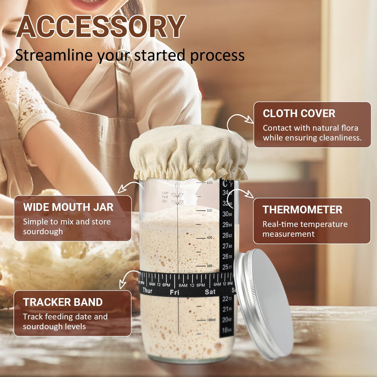 TINANA Sourdough Starter Jar Kit, 650ml Sourdough Starter Jar With Thermometer, Silicone Scraper, Cloth Cover And Aluminum Lid. Reusable Sour Dough Starter Jar