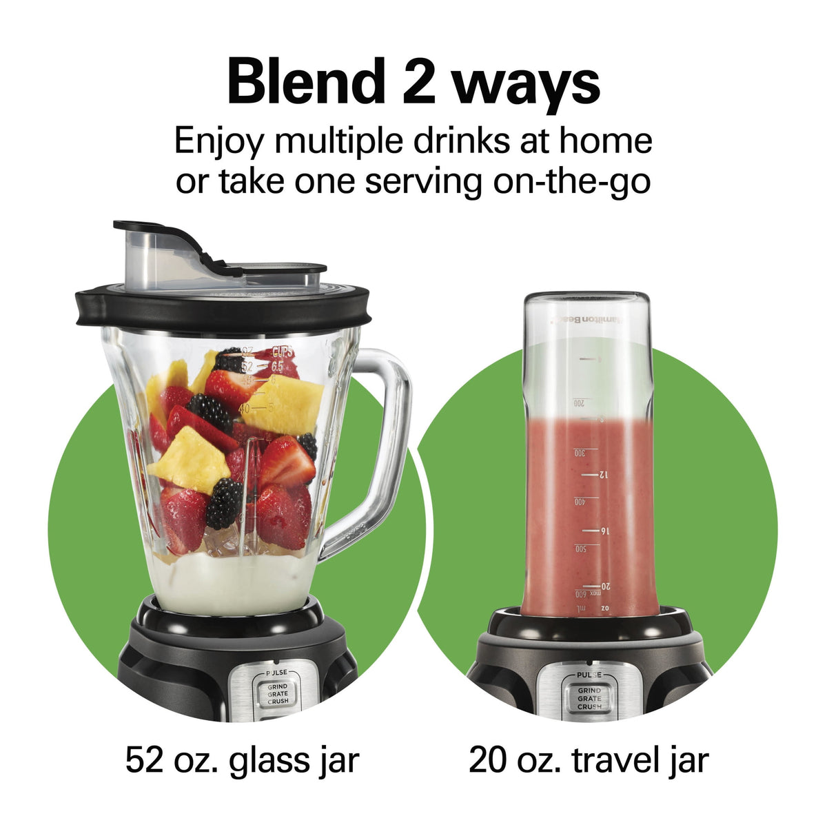 Hamilton Beach PowerBlend Duo Smoothie Blender, 52 oz Glass Jar & 20 oz. Personal Jar, 825W, Stainless Steel Blades, Black