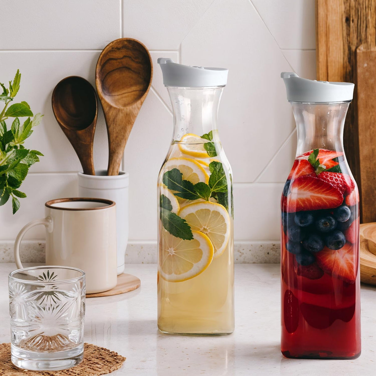 GUSTO Water Carafe with Flip Top Lid Plastic Pitcher Jug, 50 oz, 2-Pack