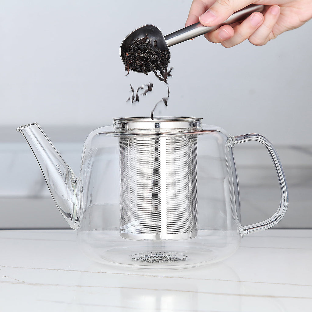 Easyworkz Borosilicate Glass Teapot 50oz with Large Stainless Steel Removable Loose Tea Infuser for Fruit Herbal and Infusion, Smoke Grey