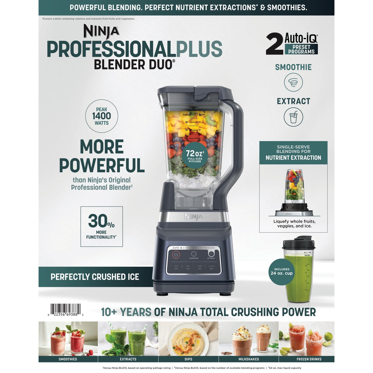 Ninja Professional Plus DUO 72-Oz Blender, Smoothies, Ice Crush, 2 Auto-iQ Preset Programs, 4 Speeds, 1400PW, BN750NV Navy