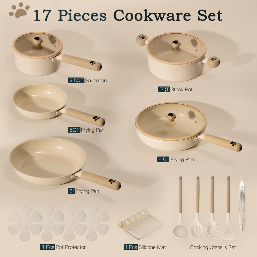 Astercook 22 Piece Pots and Pans Set Non Stick, Cookware Set with Detachable Handles, Oven Safe, Induction Ready, Stackable RV Kitchen Cooking Set, Cream White