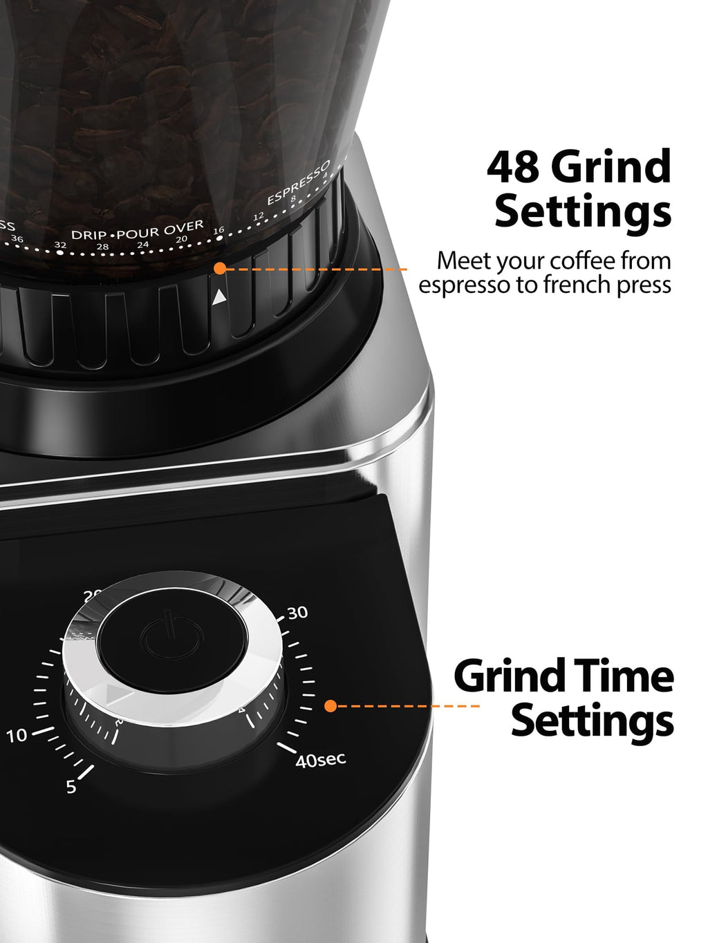 Aeitto Burr Coffee Grinder, Coffee Grinder Electric, Stainless Steel Coffee Bean Grinder, 48 Grind Settings, Espresso/Pour Over/Cold Brew/French Press Coffee Maker, Silver
