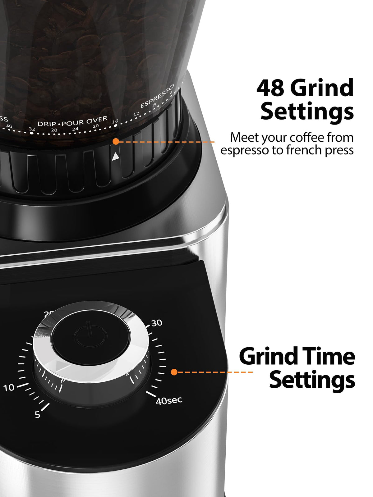 Aeitto Burr Coffee Grinder, Coffee Grinder Electric, Stainless Steel Coffee Bean Grinder, 48 Grind Settings, Espresso/Pour Over/Cold Brew/French Press Coffee Maker, Silver