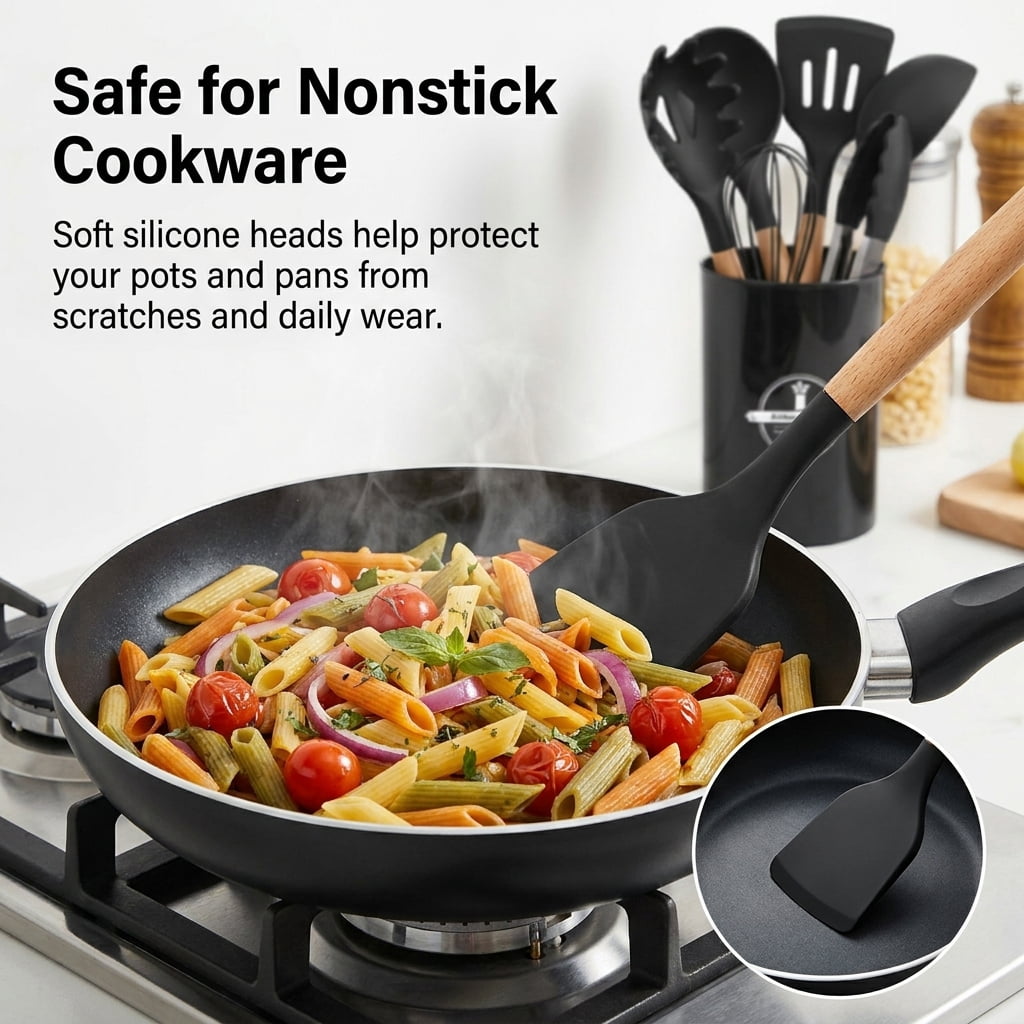 NULAS Kitchen Utensils Set, 37 pcs Non-Stick Silicone Cooking Kitchen Utensils Spatula Set with Holder,446℉ Heat Resistant,Wood Handle Kitchen Gadgets,Black