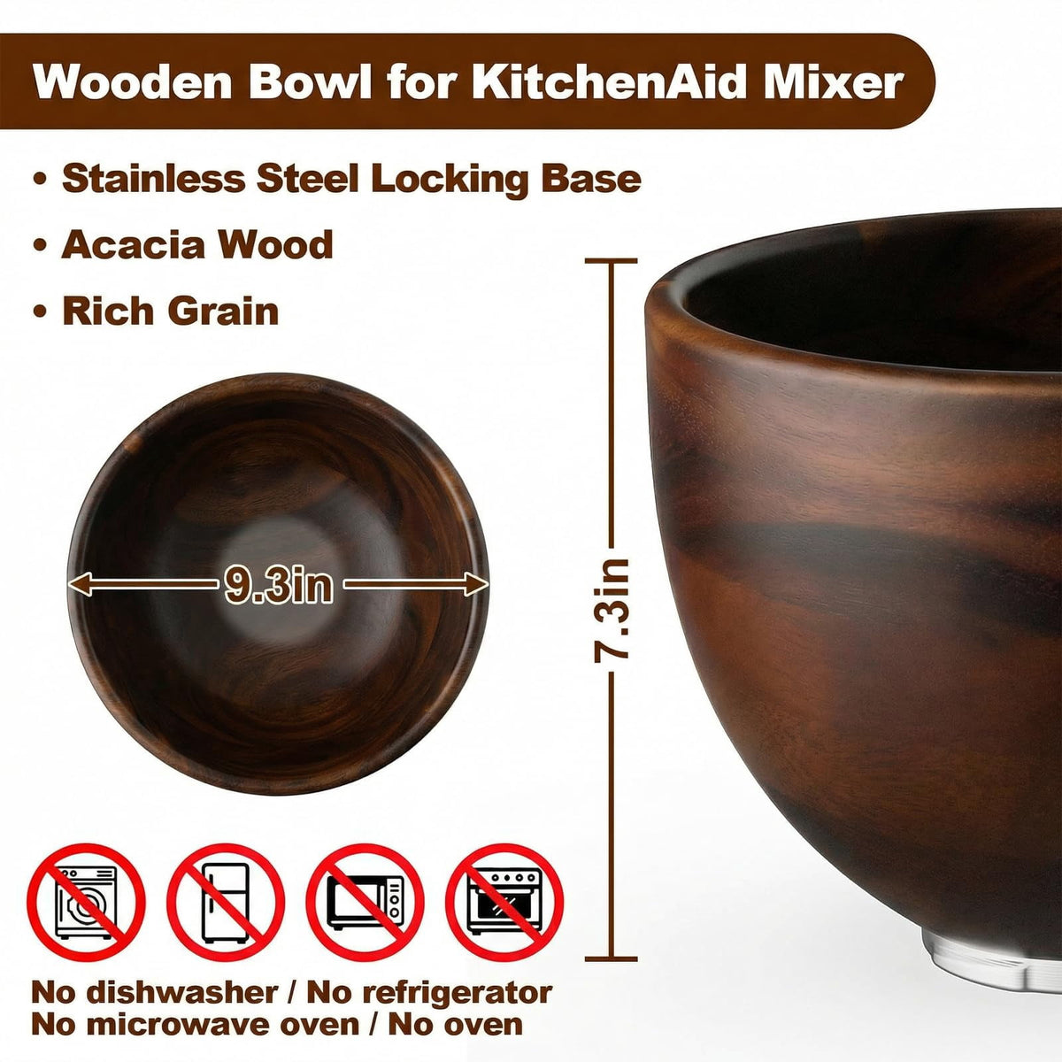 GVODE Premium Natural True Wooden Mixing Bowl Attachment for KitchenAid 4.5-5 Qt Tilt-Head Stand Mixers with Stainless Steel Base