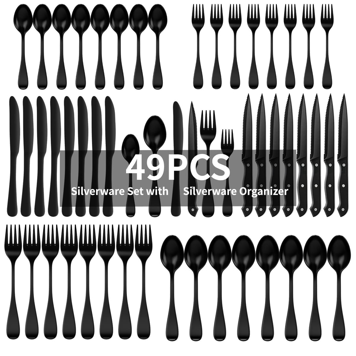 49-Piece Silverware Set with Flatware Drawer Organizer, Durable Stainless Steel Cutlery Set for 8, Mirror Polished Kitchen Utensils Tableware Service with Steak Knives Dinner Fork Knife Spoon & Tray