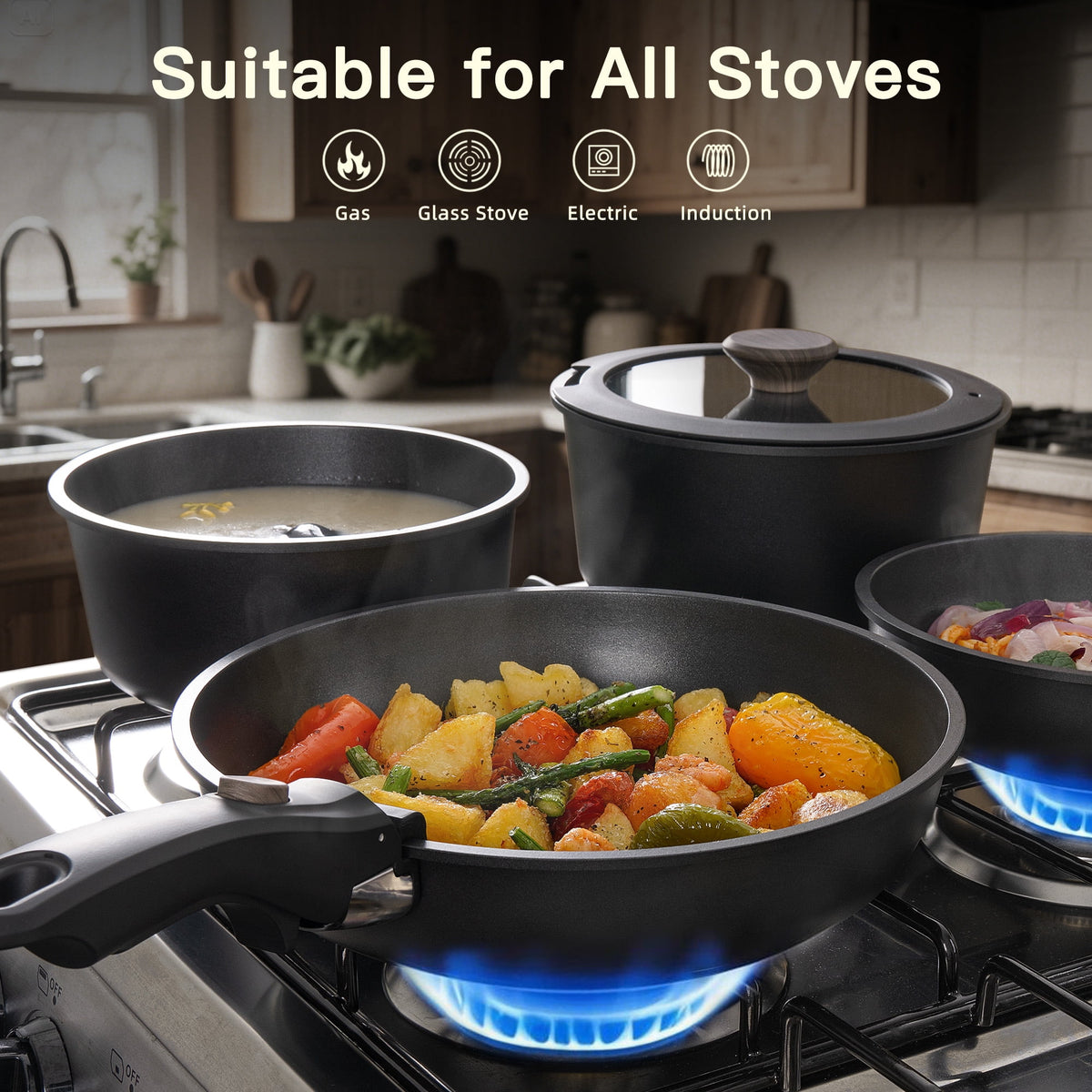 Astercook 20-Piece Pots and Pans Set, Nonstick Cookware Set with Detachable Handles, Oven & Dishwasher Safe, Induction Compatible, Stackable RV Kitchen Cooking Set, Black