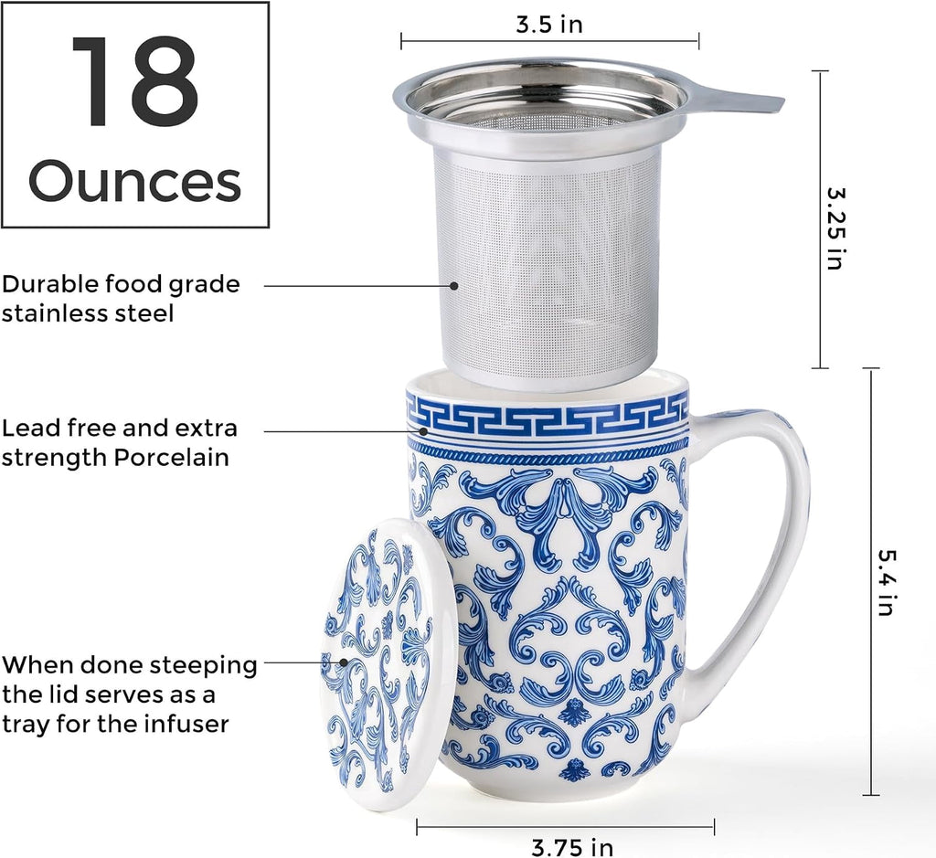 AmorArc Porcelain Tea Mug with Infuser and Lids, 18 Oz Cup Strainer Bag Holder for Loose Leaf Tea, Steeping Coffee Well-wrapped Box House-warming Wedding Birthday Gift, YelloRed