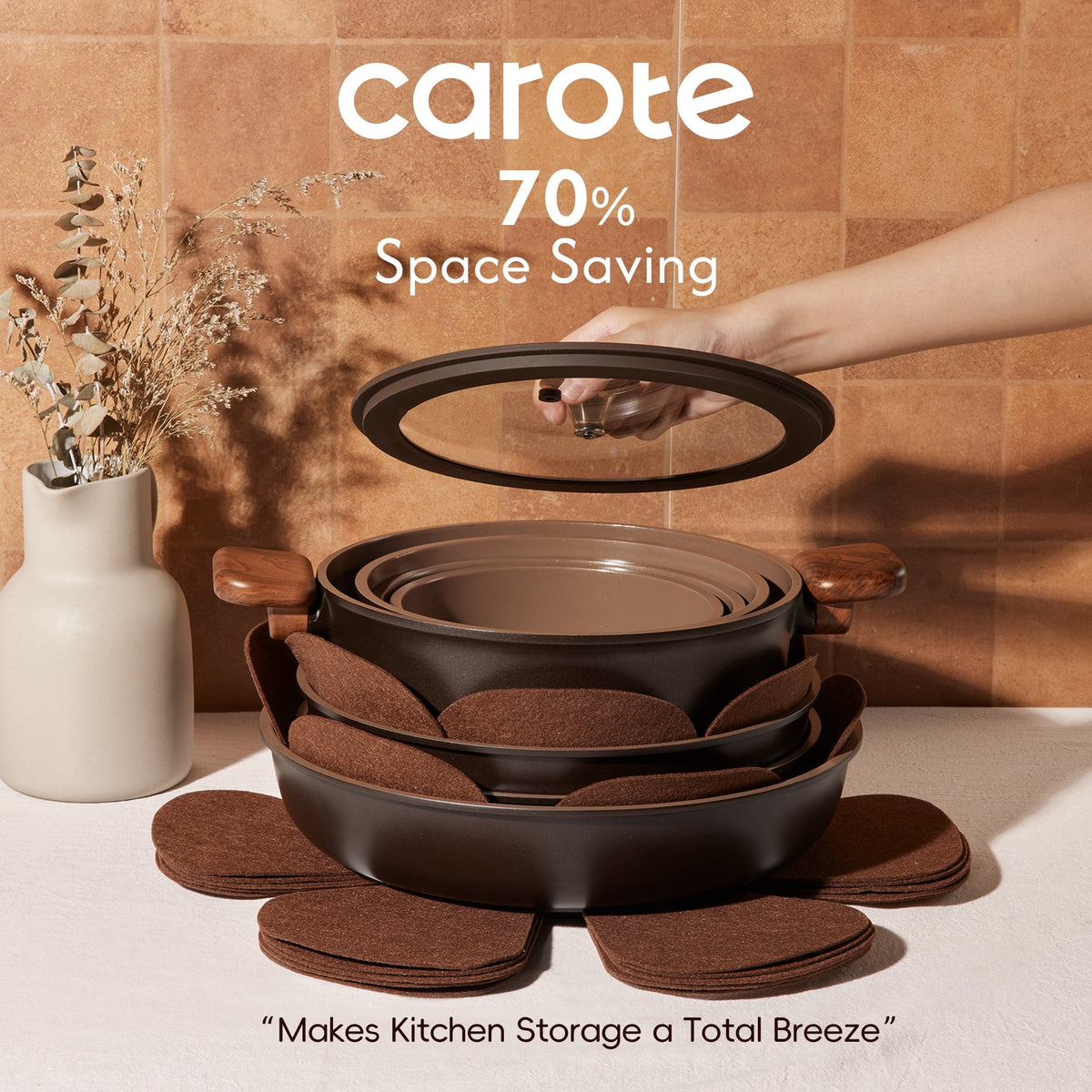 CAROTE 19-Piece Ceramic Pots and Pans Set, Nonstick Cookware Set with Lids, Induction Compatible, Oatmeal