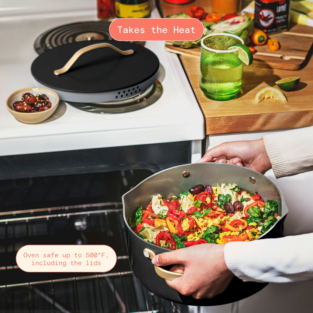 Beautiful 12-Piece Cookware Set, Pots and Pans with Strainer Lids and EverGood Ceramic Nonstick Coating, White Icing by Drew Barrymore