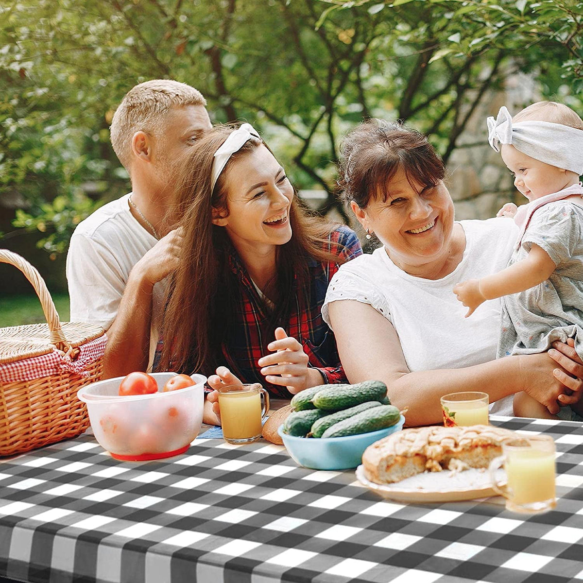UMINEUX 3-Piece Rectangle Checkered Picnic Table Cover with Bench Covers Vinyl Flannel Backing with Elastic Edge (30"x72", Black and White)
