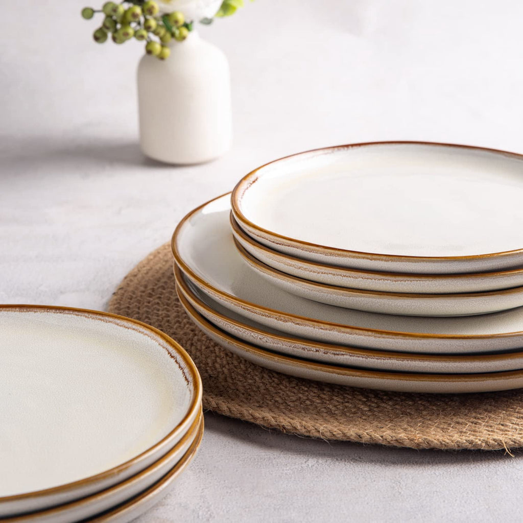 AmorArc Ceramic Plates Set of 6, 8.5 Inch Handmade Reactive Glaze Stoneware Plates set for Dessert, Salad, Appetizer, Dinner, Microwave & Dishwasher Safe, Scratch Resistant-Pearl White