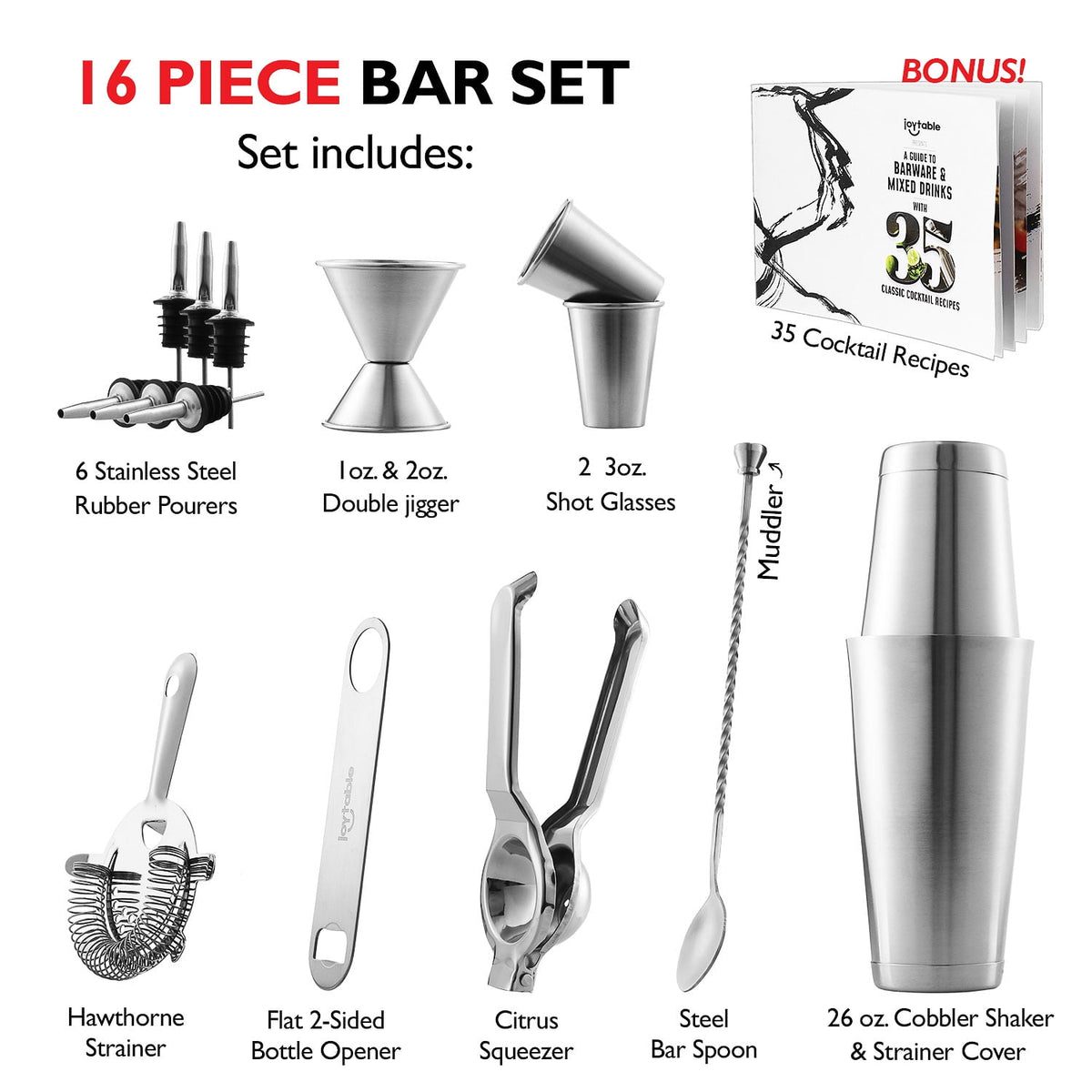 JoyTable 16pc Bartender Cocktail Shaker Set, Stainless Steel Bartender Kit Bar Tool Set, with All Bar Accessories Plus Lemon Squeezer and Great Recipe Book