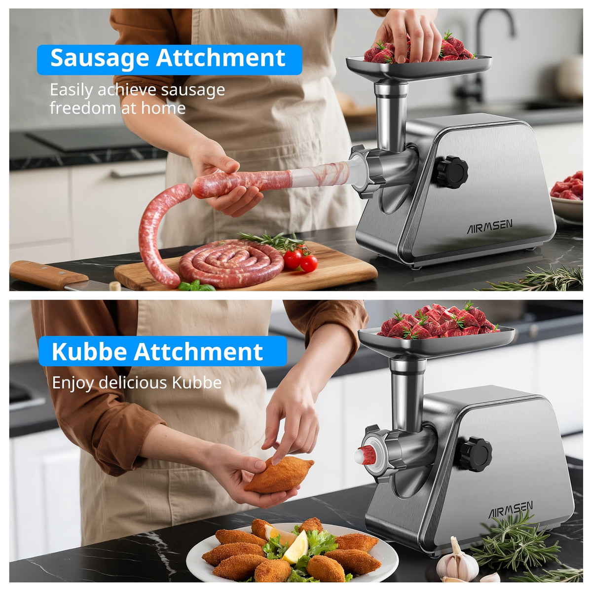 AIRMSEN Stainless Steel Meat Grinder, Electric 3 in 1 Meat Mincer with 2 Blades & 3 Plates, Sausage & Kubbe Maker Kit, Fixed Lock, Double Switch, Food Grinder for Home Kitchen Use