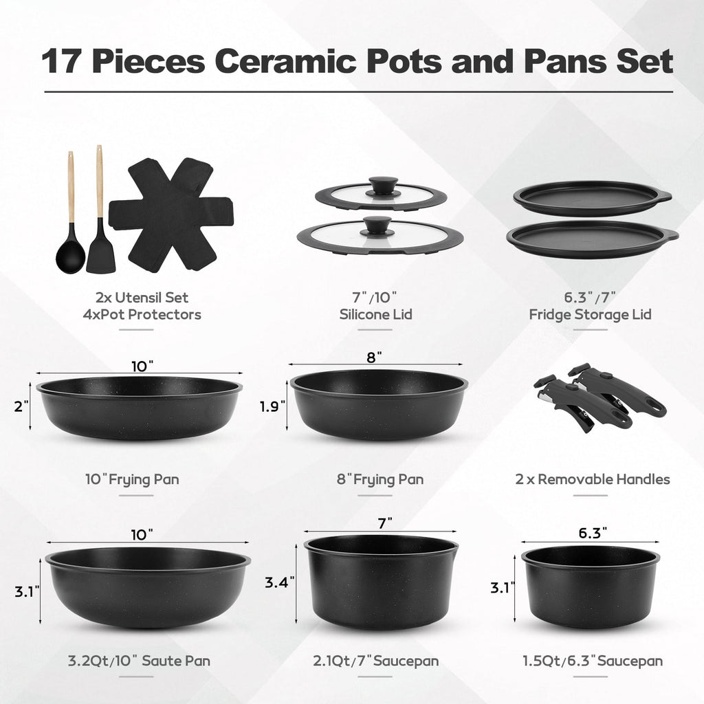 17 Piece Ceramic Pots and Pans Set Non Stick, Cookware Set with Detachable Handle, Oven Safe, Induction Ready, Stackable RV Kitchen Cooking Set Removable Handles, Cream White