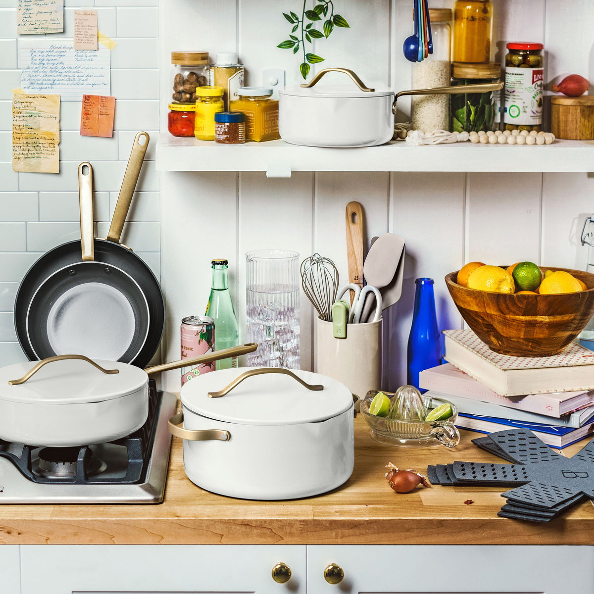 Beautiful 12-Piece Cookware Set, Pots and Pans with Strainer Lids and EverGood Ceramic Nonstick Coating, White Icing by Drew Barrymore