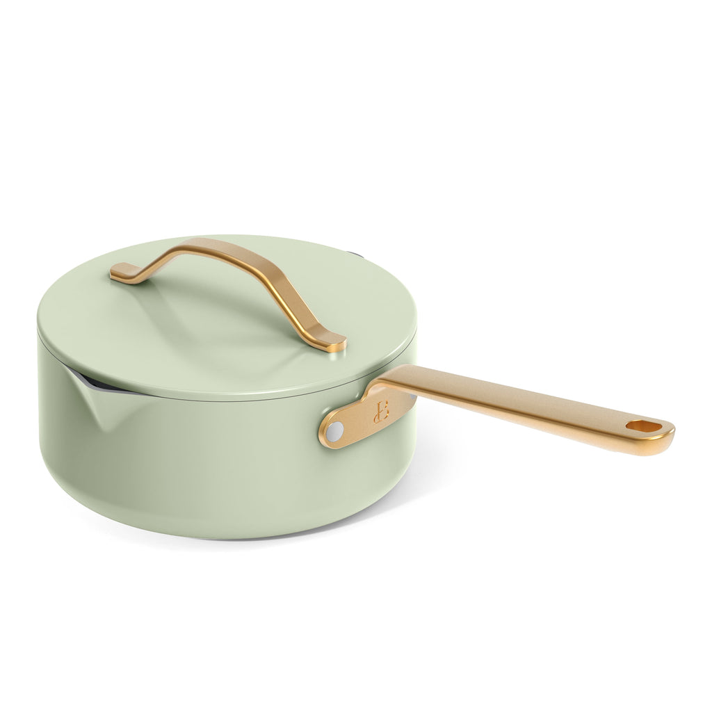 Beautiful 12-Piece Cookware Set, Pots and Pans with Strainer Lids and EverGood Ceramic Nonstick Coating, White Icing by Drew Barrymore