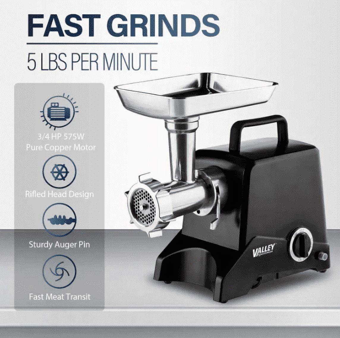 Valley Sportsman #8 Stainless Steel Meat Grinder, Powerful 575-Watt Motor Sausage Meat Grinder with Grinder Knife, Ideal for Regular Use, Sausage Making, Silver