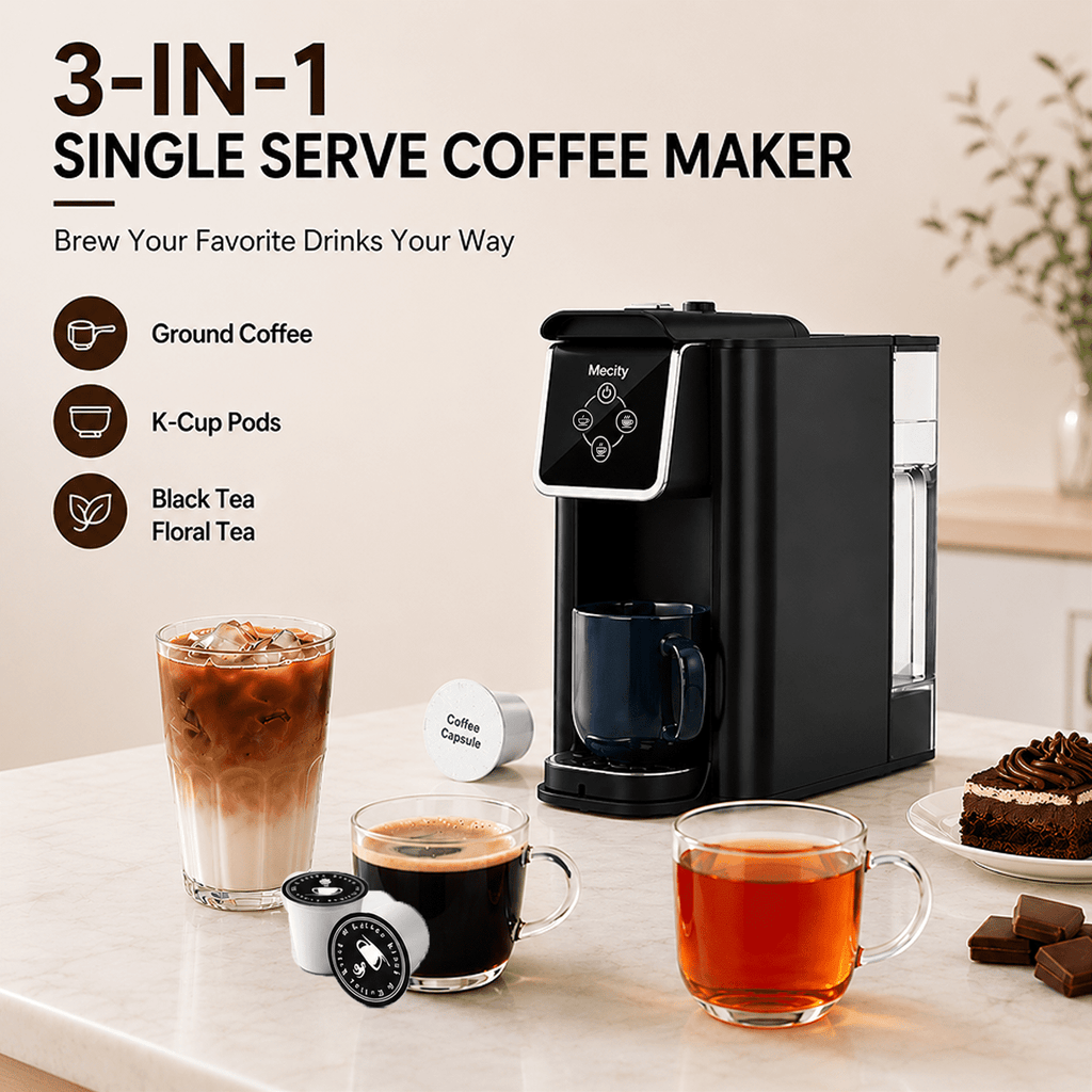 Mecity Coffee Maker 3 in 1 Single Serve Coffee Machine, Compatible with K cup Capsules, Instant Coffee Pot, Tea maker, 6,8,10 Oz Cup, Removable 50 Oz Water Reservoir, 120V 1150W, Black