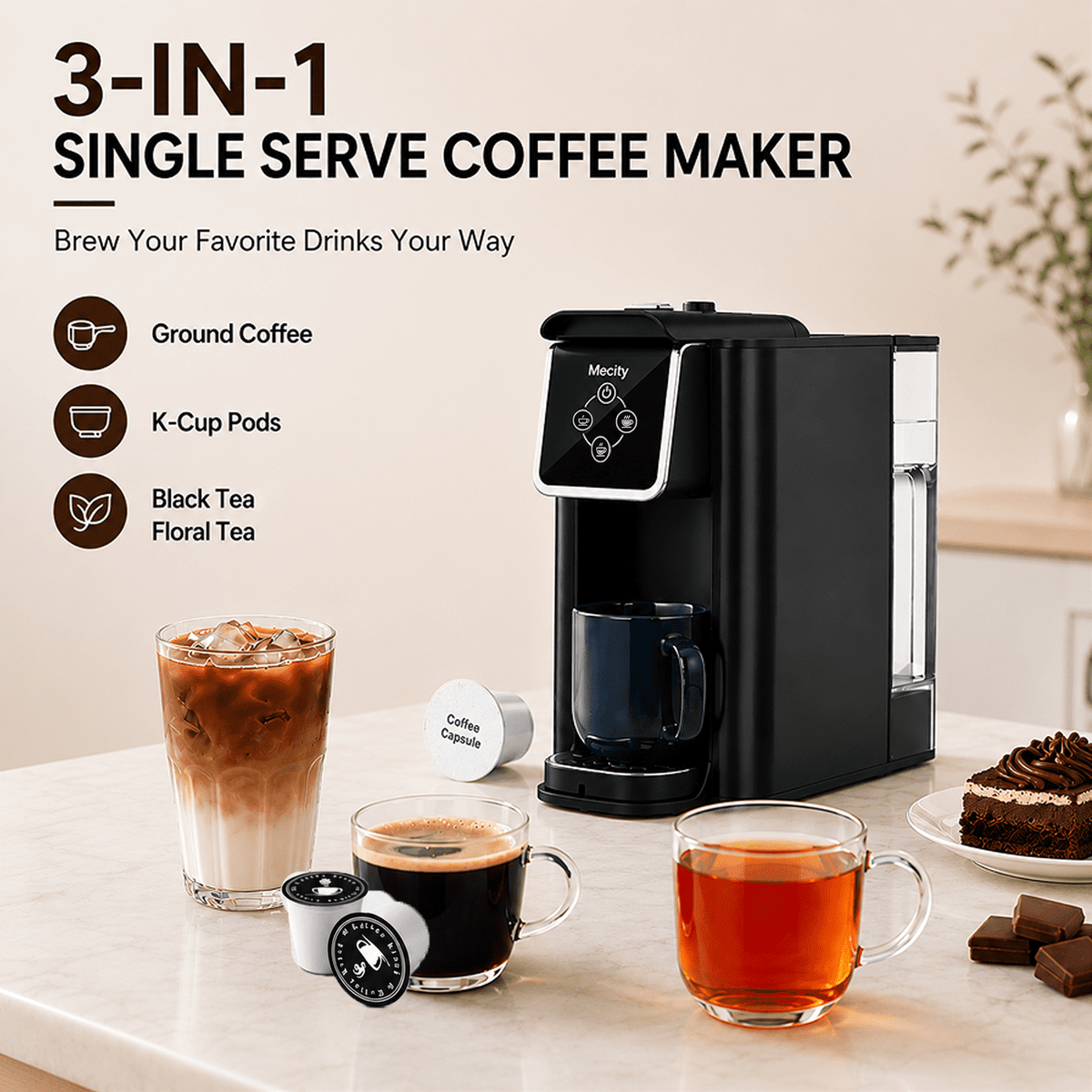 Mecity Coffee Maker 3 in 1 Single Serve Coffee Machine, Compatible with K cup Capsules, Instant Coffee Pot, Tea maker, 6,8,10 Oz Cup, Removable 50 Oz Water Reservoir, 120V 1150W, Black