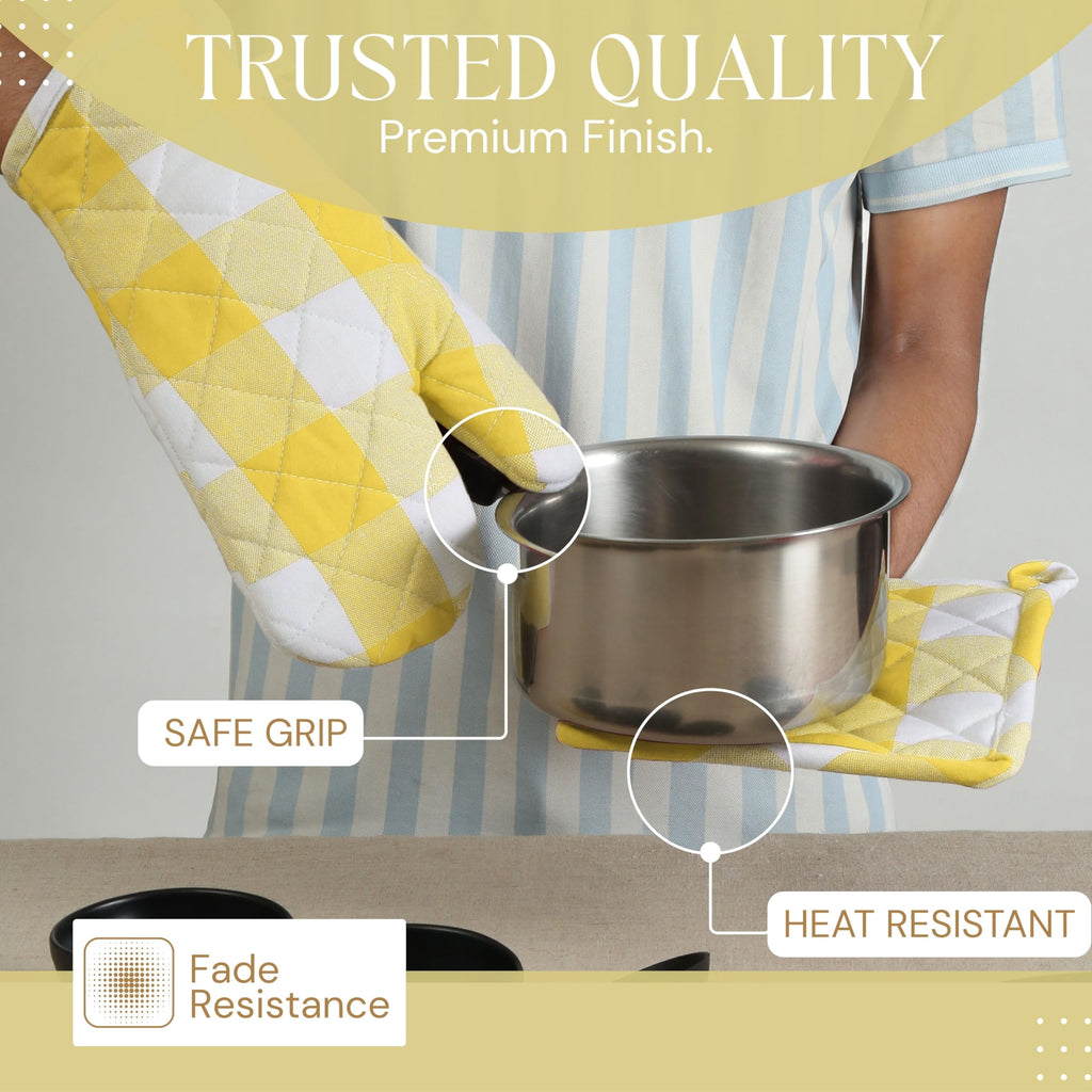 Softopia Cotton Buffalo Plaid Check Oven Mitts and Pot Holders Set, 100% Cotton, Heat Resistant, 2 Oven Gloves 7x13 Inches and 2 Hot Pads 8x8 Inches for Cooking and Baking, Lemon Yellow White