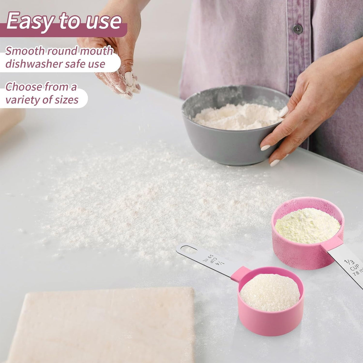 8Pcs Measuring Cups Set Measuring Spoons Set, Nesting Measure Cups with Stainless Steel Handle, For Measuring Dry and Liquid Ingredients Small Teaspoon with Plastic Head (Pink)