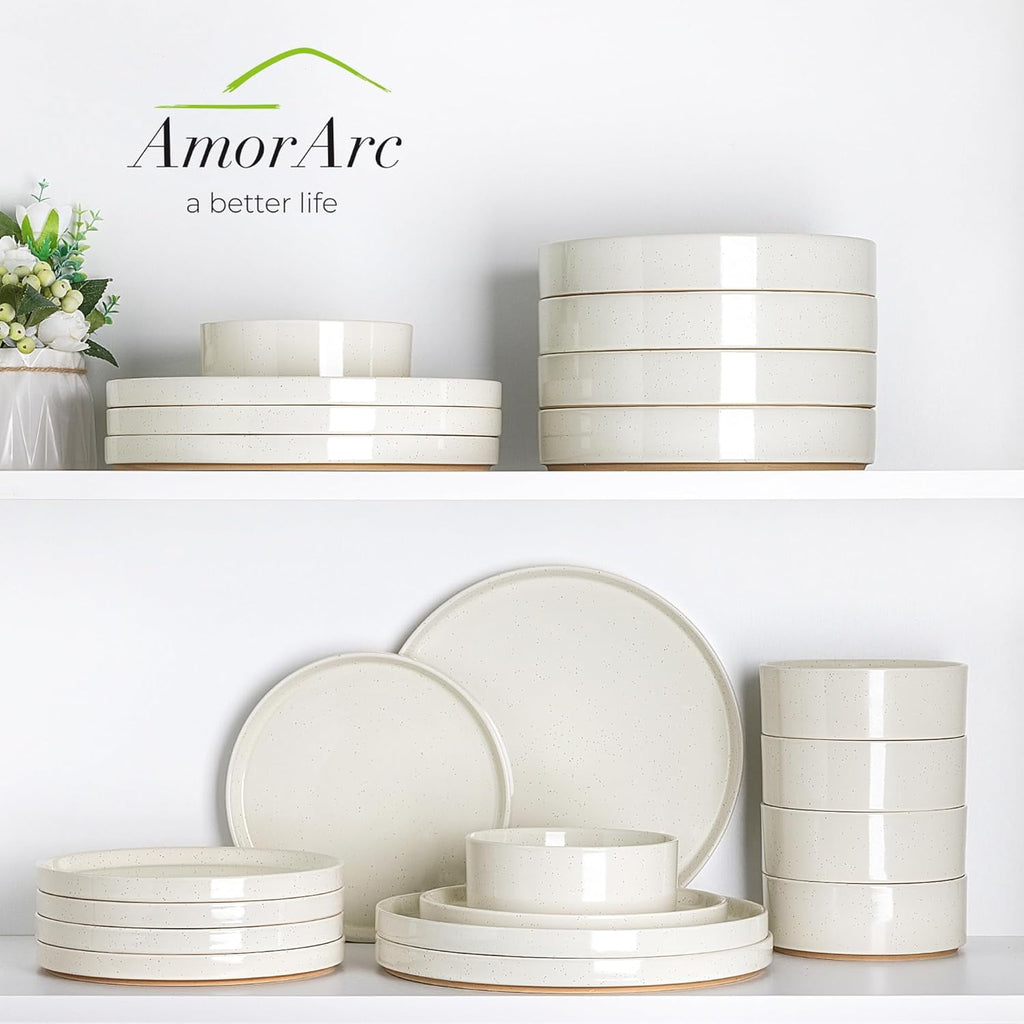 AmorArc Ceramic Dinnerware Set for 4 | Speckled Stoneware Plates and Bowls with unglazed terracotta | Scratch Resistant, Dishwasher & Microwave Safe Dishes Sets- 12-Pcs Pink