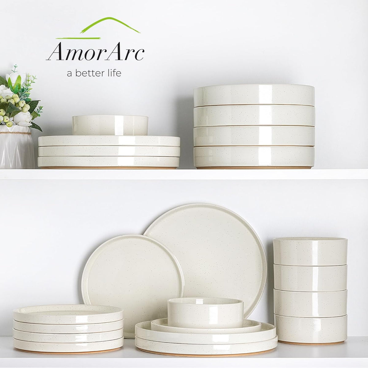 AmorArc Ceramic Dinnerware Set for 4 | Speckled Stoneware Plates and Bowls with unglazed terracotta | Scratch Resistant, Dishwasher & Microwave Safe Dishes Sets- 12-Pcs Pink