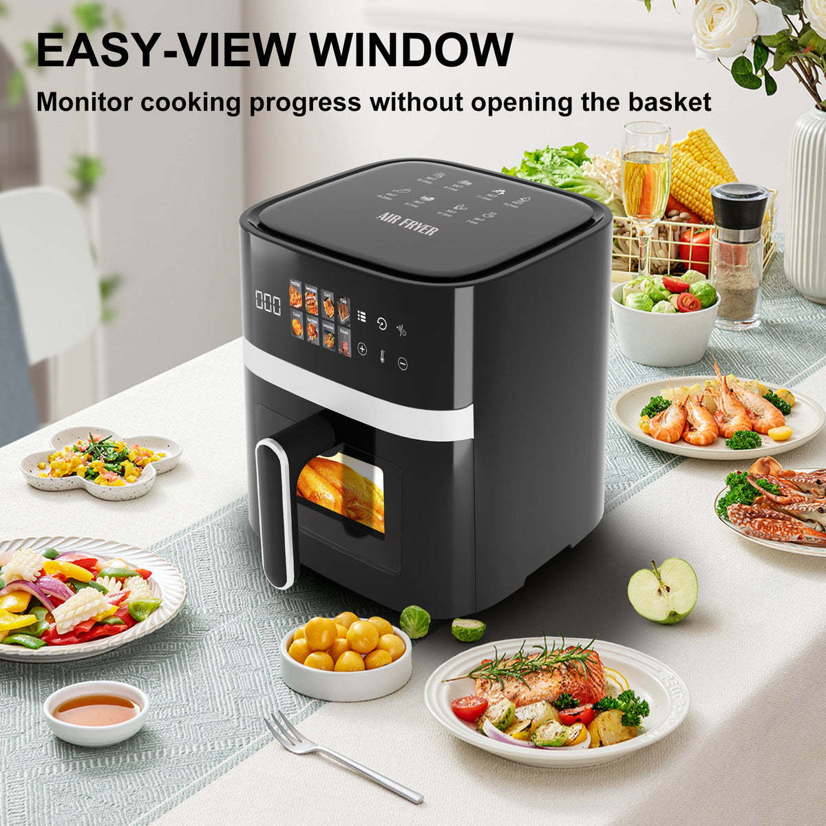 Bluebow 6QT Air Fryer, 8-in-1 Electric Hot Oven with Digital LED Touchscreen, Visible Window, 1500W, New, Black