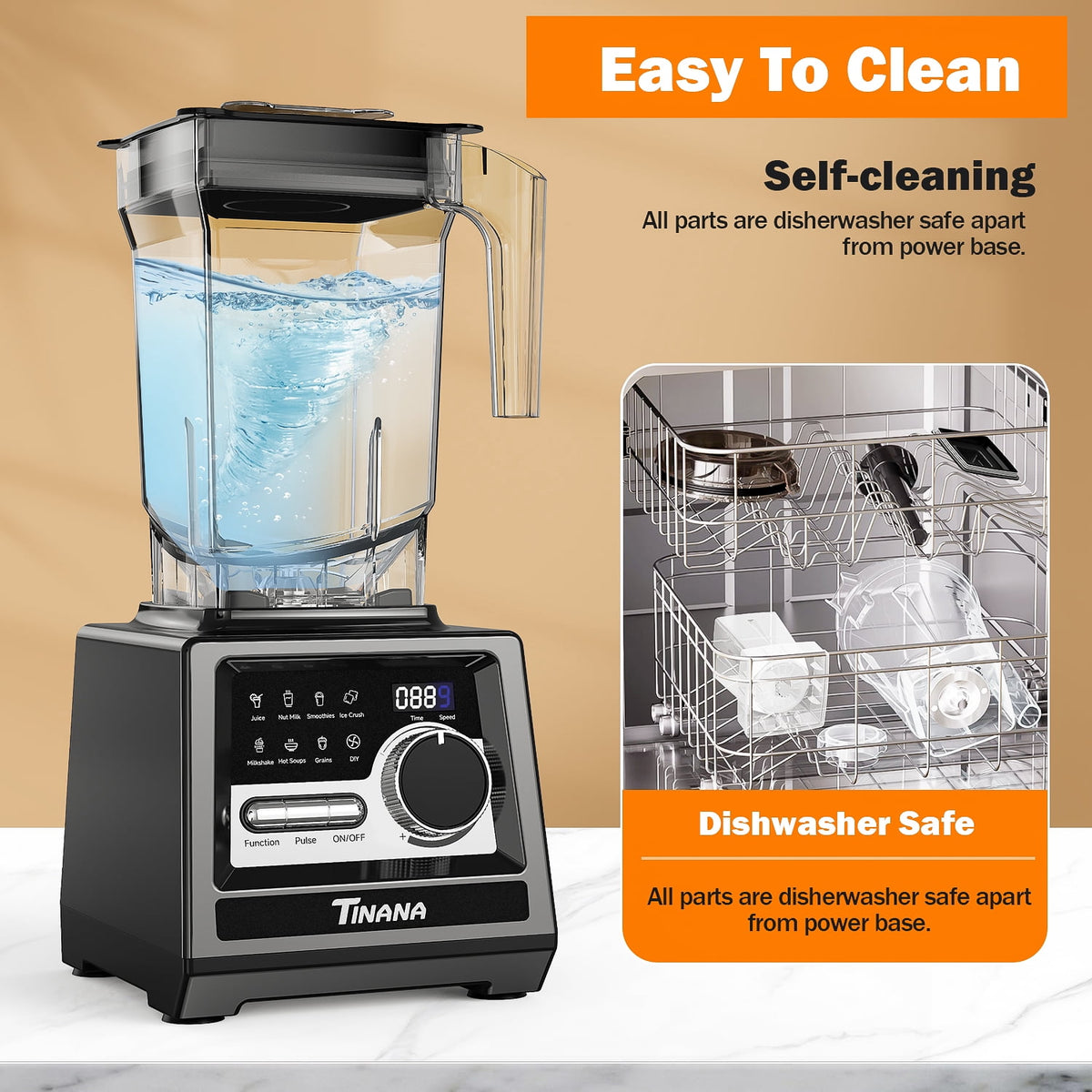 TINANA 1800W Countertop Blender and Grinder Combo, 68 oz Smoothie Maker with 27 oz Coffee Grinder, Ice Crusher, Frozen Fruit, Black