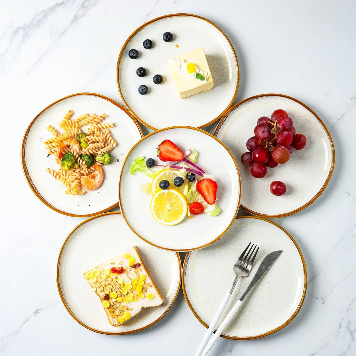 AmorArc Ceramic Plates Set of 6, 8.5 Inch Handmade Reactive Glaze Stoneware Plates set for Dessert, Salad, Appetizer, Dinner, Microwave & Dishwasher Safe, Scratch Resistant-Pearl White