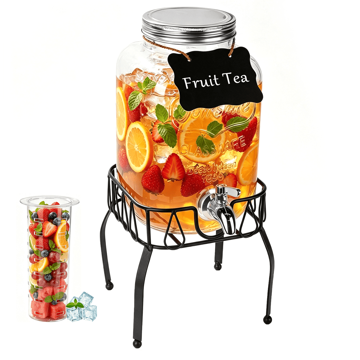 1 Gallon Glass Drink Dispensers for Parties, TAIMASI 2 Pack Beverage Dispenser with Stand & Stainless Steel Spigot, Leakproof Lemonade Drink Dispenser for Sun Tea, Homemade Juice