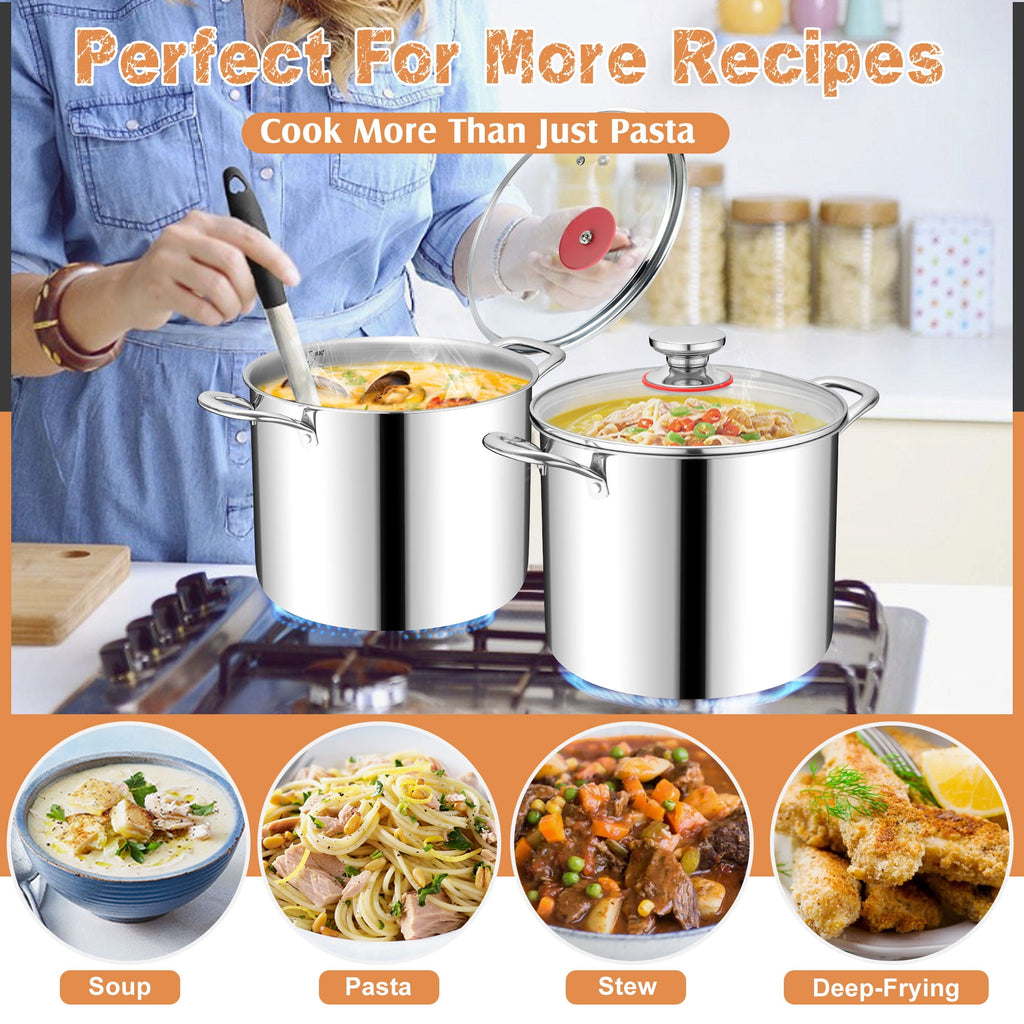 Coliware 8 QT Stainless Steel Stock Pot with Glass Lid, Cooking Soup Pot with 3-Ply Whole Clad for