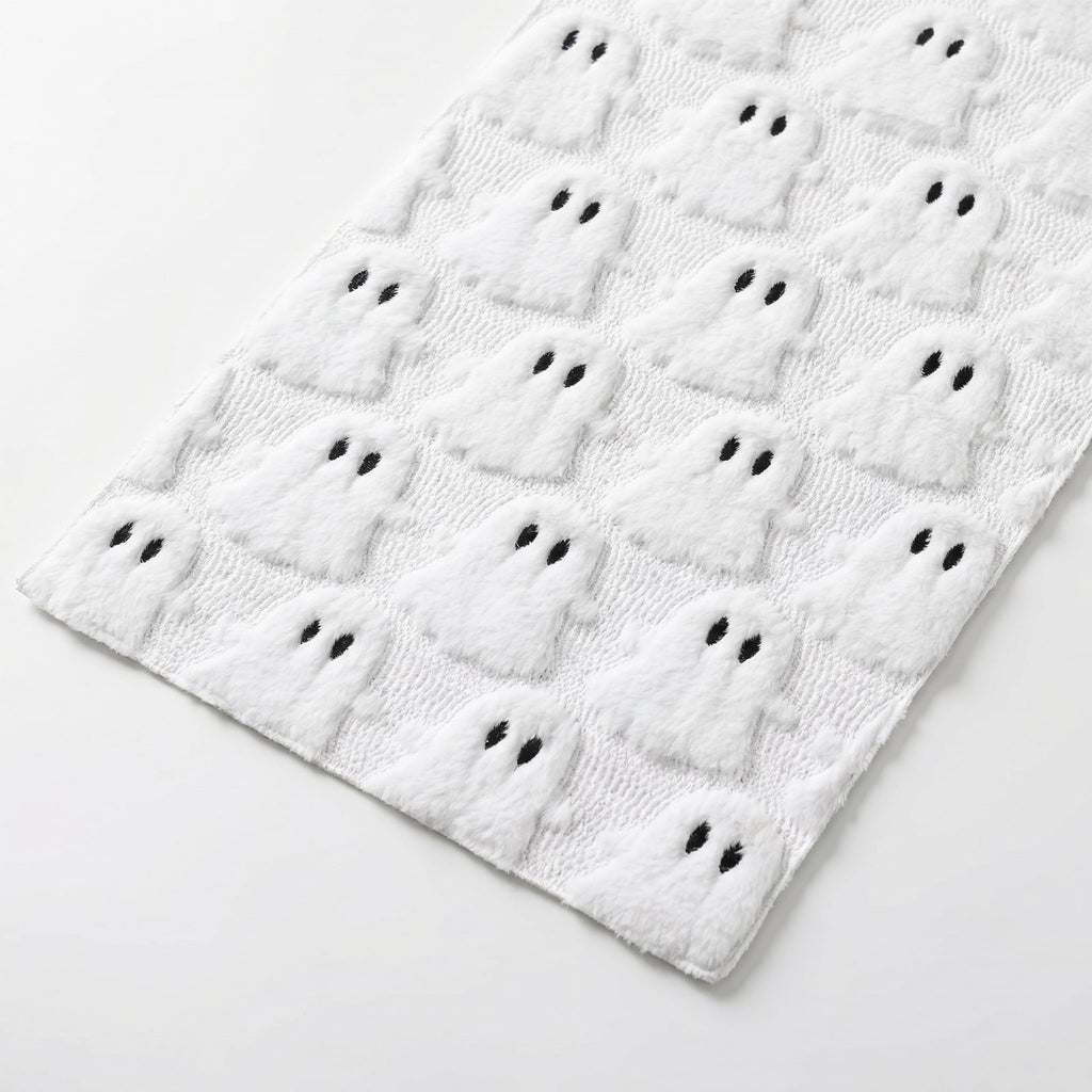 Sm:)e White Ghost Halloween Table Runner 13x72 Inch, Soft Plush Faux Fur Mantel Kitchen Dining Table Decor, Halloween Home Party Decor