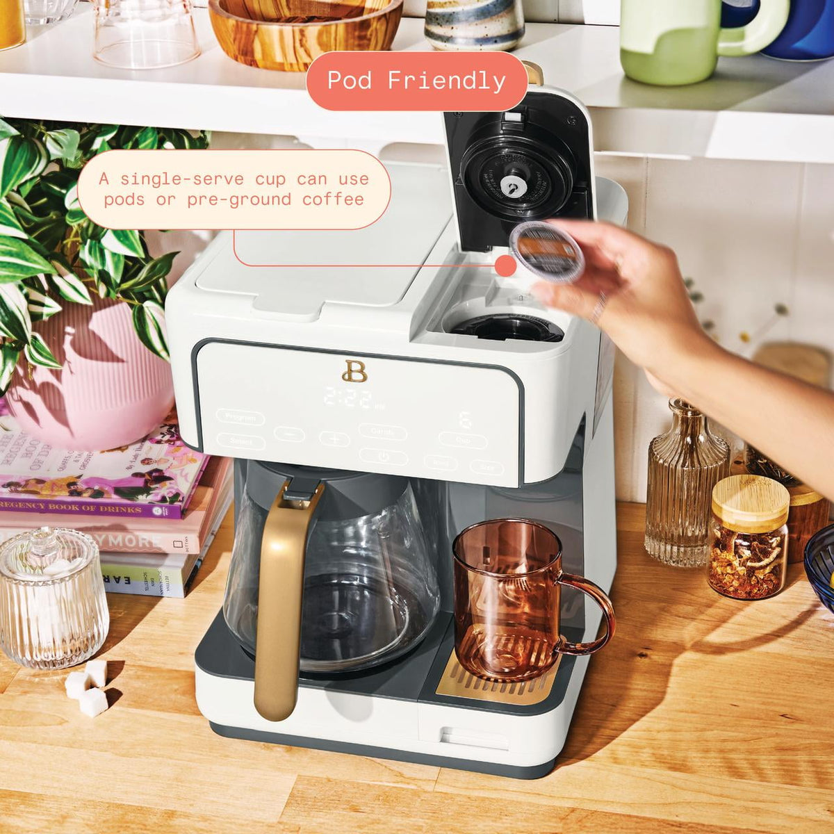 Beautiful by Drew Barrymore Multi-Brew 12-Cup Programmable Drip & Single-Serve Coffee Maker, White Icing