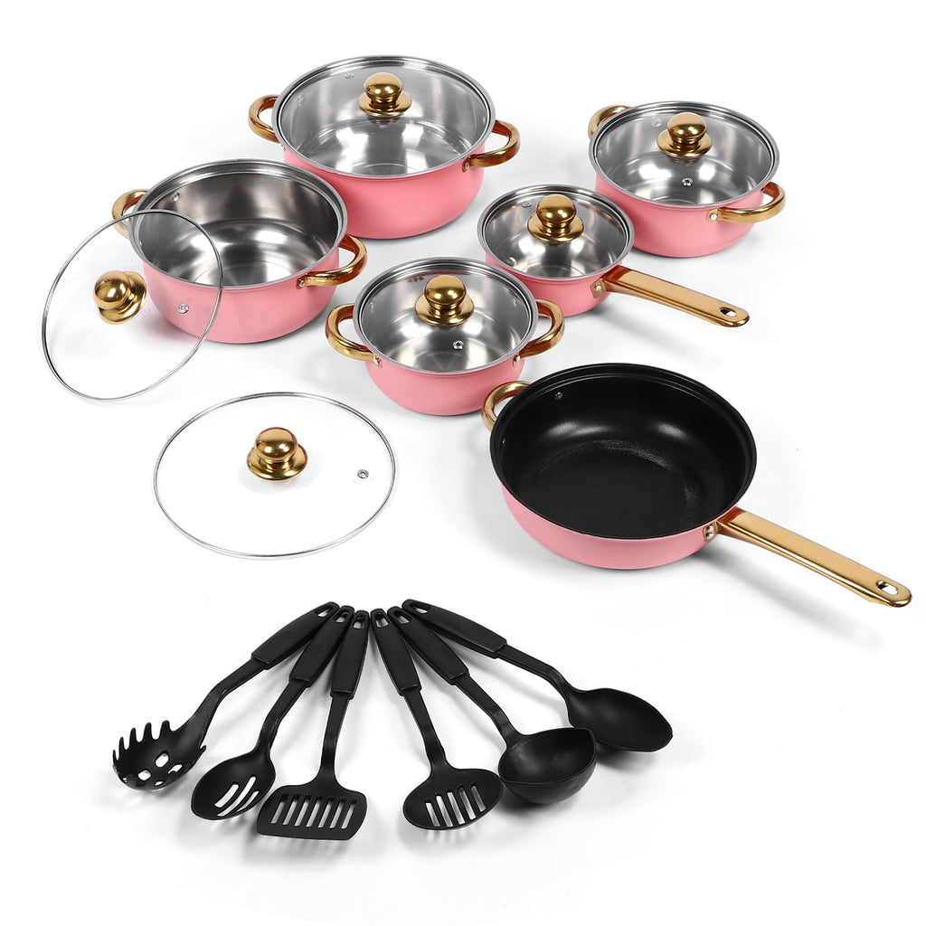 12 Piece Stainless Steel Cookware Set, Nonstick Cookware Set, Kitchen Pots and Pans Tea Kettle Set with Glass Lid for Cooking, Dishwasher, Pink